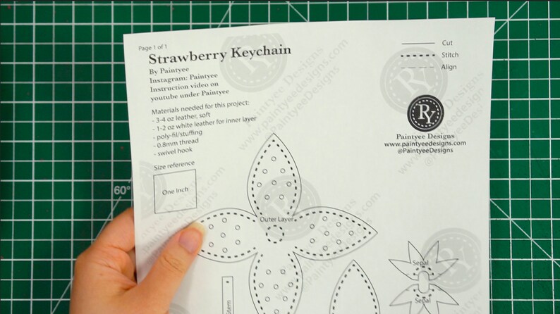 May include: A black and white printable pattern for a strawberry keychain. The pattern includes instructions for cutting, stitching, and aligning the pieces. The pattern also includes a size reference of one inch.