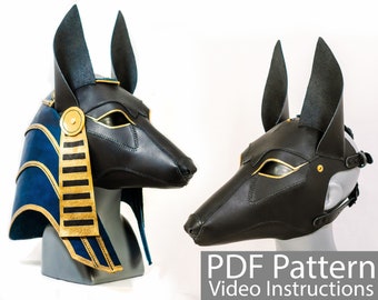 May include: Two black leather Anubis masks with gold accents. One mask has a blue and gold headdress.  PDF Pattern Video Instructions.