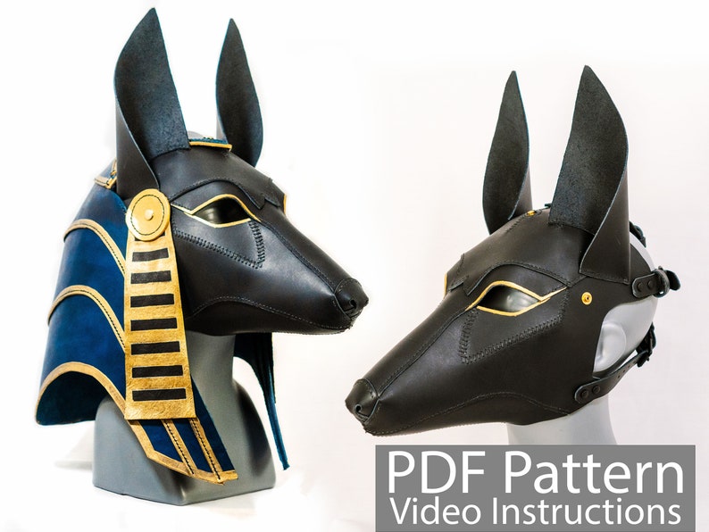 May include: Two black leather Anubis masks with gold accents. One mask has a blue and gold headdress.  PDF Pattern Video Instructions.