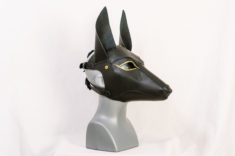 May include: A black leather mask with gold accents, resembling an Anubis head. The mask has a strap for wearing.