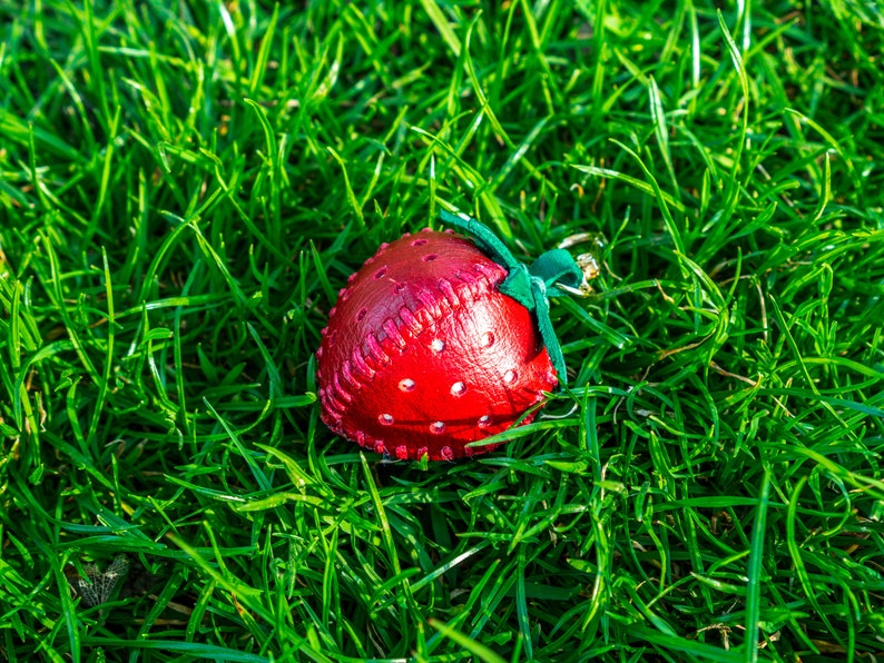 May include: A red leather strawberry keychain with green stitching and a green leather leaf. The keychain is lying on a bed of green grass.