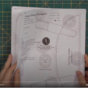 May include: A black and white pattern for a wings backpack. The pattern includes instructions for cutting, aligning, and punching the fabric. The pattern also includes a cabochon cover and a top strap holder.