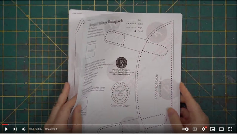 May include: A black and white pattern for a wings backpack. The pattern includes instructions for cutting, aligning, and punching the fabric. The pattern also includes a cabochon cover and a top strap holder.
