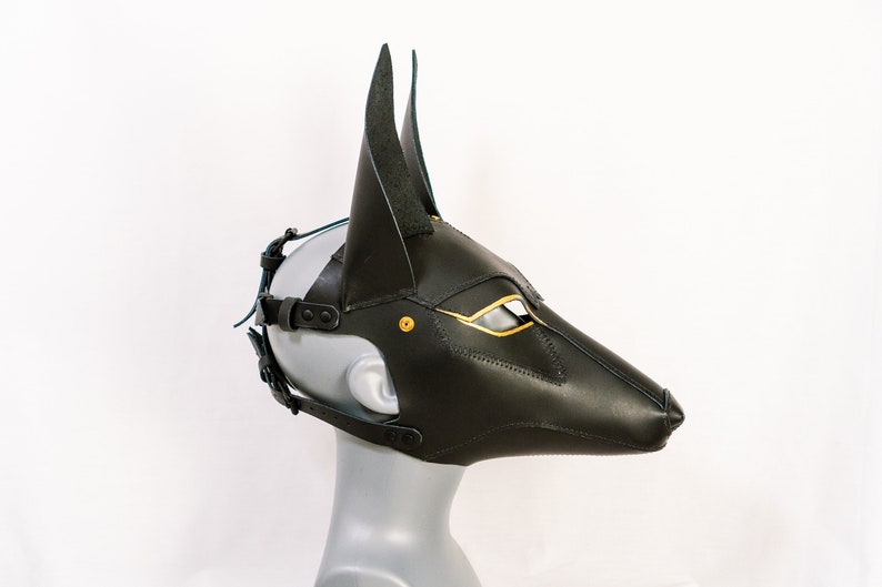 May include: Black leather Anubis mask with gold accents and a blue strap. The mask has a long snout and pointed ears.