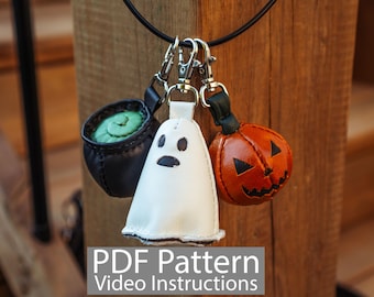 PDF Pattern Leather Bag Charm/Keychain Halloween Set Cauldron Ghost Jack-o'-Lantern