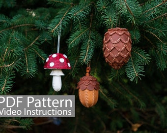 PDF Pattern Leather Christmas Tree Ornaments Set Mushroom, Acorn and Pine Cone