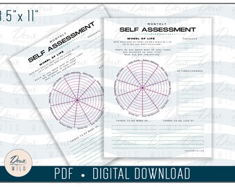 Monthly Self Assessment - Wheel of Life 8.5x11 PDF Printable personal development mind body soul business worksheets - INSTANT DOWNLOAD Only
