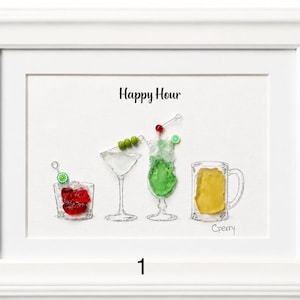 Arte de la hora feliz con vidrio marino, arte de la casa de playa, arte del bar