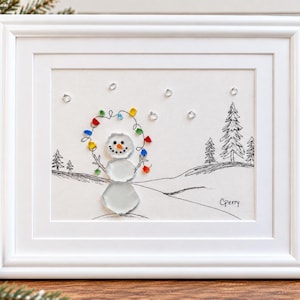 Handmade Sea Glass Snowman Art, Coastal Christmas Wall Decor (Framed)