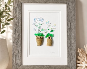 Handmade Sea Glass Flower Art, Coastal Wall Decor, Beach Glass Floral (Framed)