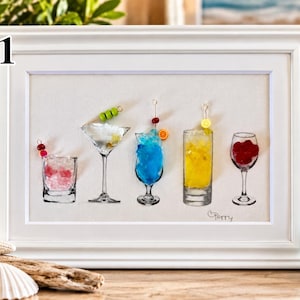 Sea Glass Cocktail Art, Framed Bar Wall Decor, Martini Drink Art