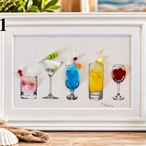 Sea Glass Cocktail Art, Framed Bar Wall Decor, Martini Drink Art