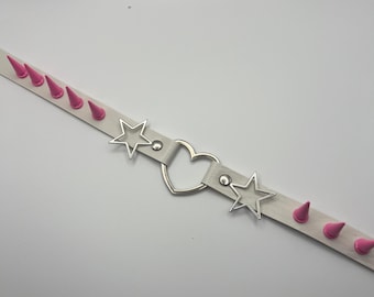 Gargantilla de cuero con pinchos rosa pastel, gargantilla kawaii blanca, gargantilla de corazón