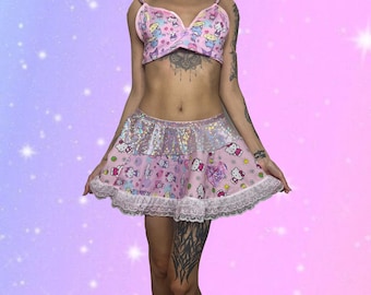 Handmade Kawaii Pastel Anime Kitten Rave Bralette and Patchwork Skirt Set, Kawaii Pastel Festival Outfit, Kawaii Rave Outfit