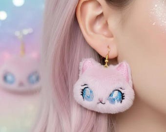 Kawaii Pink Plush Cat Earrings | Magical Girl Anime Jewelry | Soft Plush Kitty Accessories | Fairy Kei Pastel Earrings