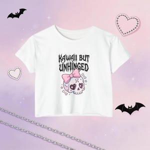 Kawaii But Unhinged Crop Top, Gothic Skull Baby Tee, Alt Girl Festival Shirt, Pastel Goth Y2K Aesthetic Graphic Top, Emo Soft Girl Outfit