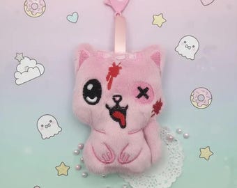 Pink Zombie Cat Plush Bag Charm | Cute Kawaii Horror Keychain, Anime Backpack Accessory, Gift for Teens & Kids