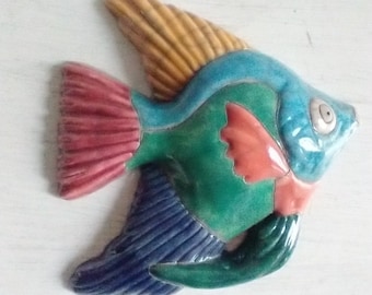 Vintage Raku Glazed Pottery Angelfish Wall Art