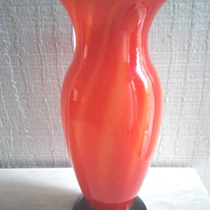 Vintage Japan Art Vase, red white striped Black Tango blown cased Japan Art Glass