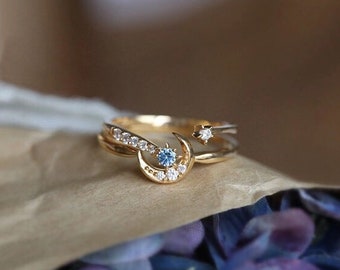 Anillo de compromiso de luna, conjunto de anillos de luna y estrella, conjunto de anillos apilables, anillo para madres, conjunto de anillos de compromiso de galaxia, regalos de San Valentín para ella