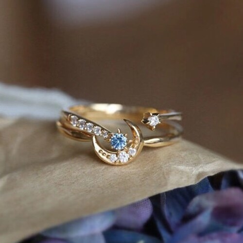 Moon Engagement Ring Moon and Star Ring Set Stackable Ring Etsy