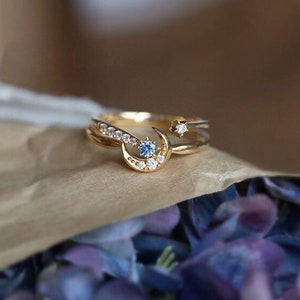 Moon Engagement Ring, Moon and Star Ring Set, Stackable Ring Set, Mothers Ring, Galaxy Engagement Ring Set, Valentine&#39;s Day Gifts for Her