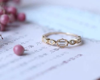 White Topaz Engagement Ring, Vintage Topaz Promise Ring, Baguette Topaz Wedding Ring, Dainty Diamond Wedding Band, Anniversary Rings for Her