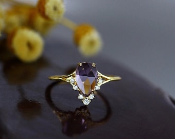Teardrop Amethyst Ring Engagement, Handmade Amethyst Ring with CZ in Sterling Silver, Unique Lavender Amethyst Promise Ring for Women