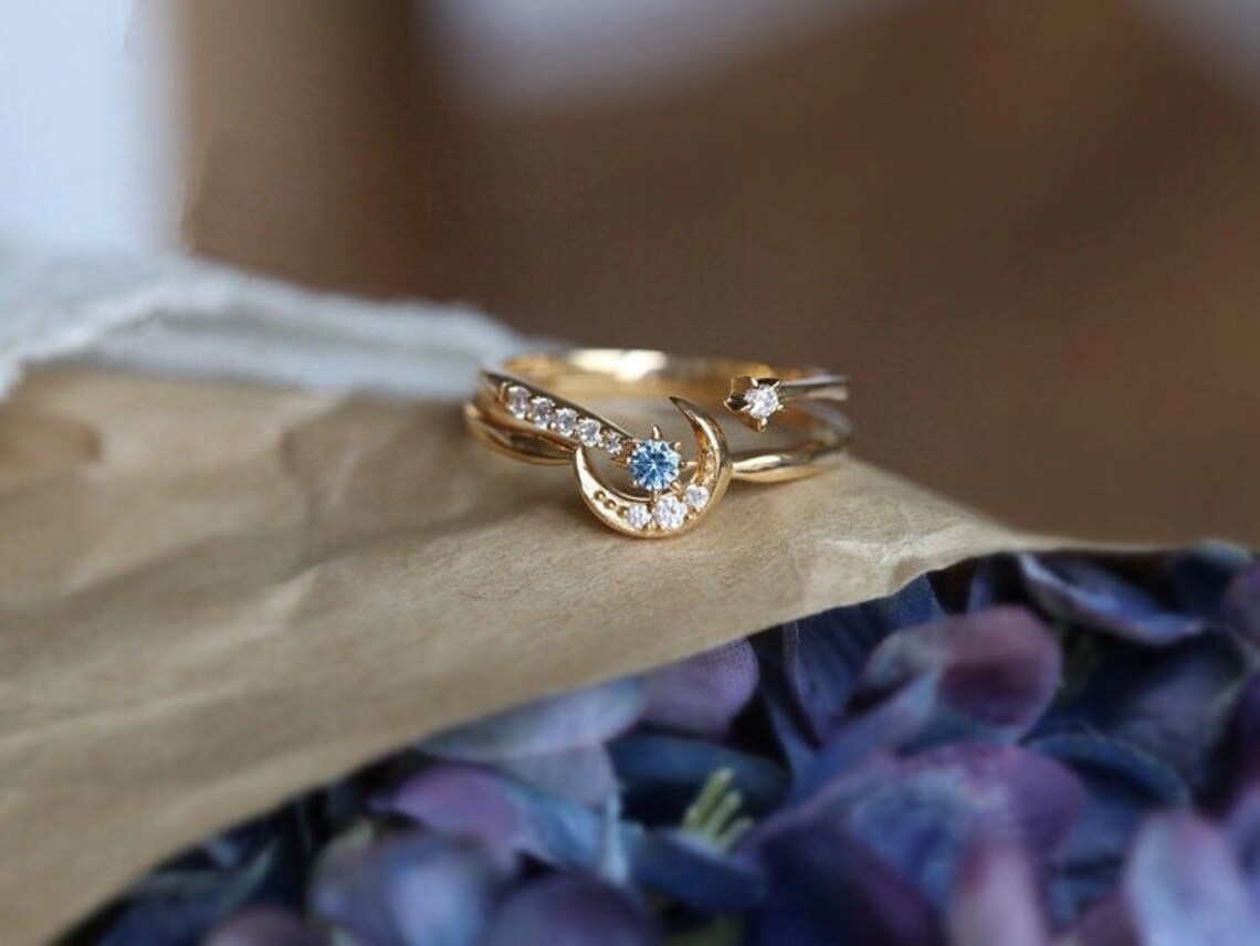 Moon Engagement Ring Moon and Star Ring Set Stackable Ring Etsy