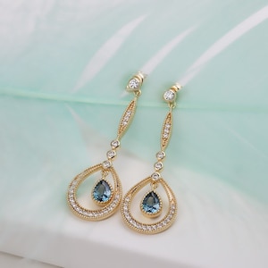 London Blue Topaz Dangling Earrings, Teardrop Topaz Drop Earrings, Long Dangle Earrings, Promise Engagement Anniversary Wedding Earrings