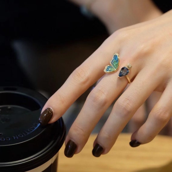 Butterfly Ring Gold, Butterfly Aquamarine Ring, Butterfly Open