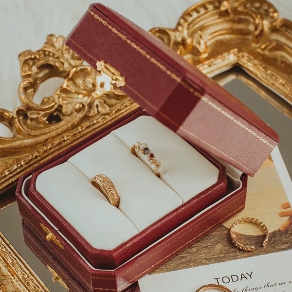 Vintage Wedding Ring Box, Couple Ring Box, Wedding Ceremony Ring Presentation Box, Luxury Engagement Ring Bearer, Double Ring Slots Box