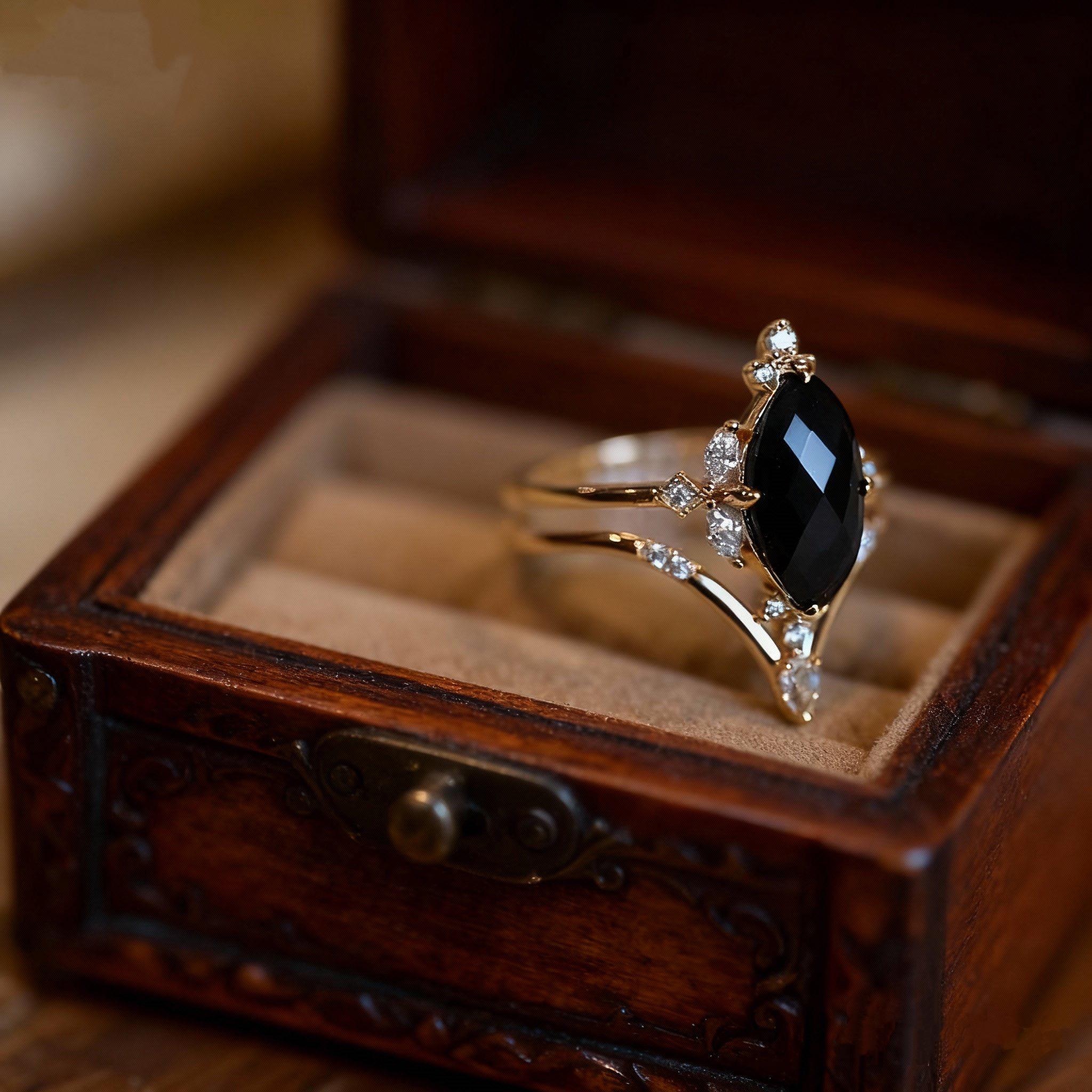 Natural Black Onyx Engagement Ring Set, Art Deco 2pcs Wedding Bridal Ring Set, Marquise Cut Black Stone Ring, Unique Onyx Ring Set, Gifts