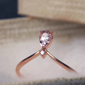 Morganite Engagement Ring, Pear Shape Morganite Ring, Teardrop Morganite Solitaire Ring, Pink Morganite Matching Ring, Anniversary Ring Gold