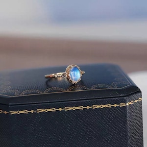 Moonstone Solitaire Ring, Oval Cut Moonstone Engagement Ring, Solitaire Bridal Ring, Blue Fire Moonstone Ring, Vintage Promise Ring Gold