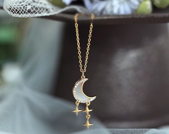 Halbmond Mond Stern Anhänger Halskette, Himmlische Mond Stern Anhänger Halskette, Diamant Mond Halskette Gold, Mond Schmuck, Valentinstag Geschenk