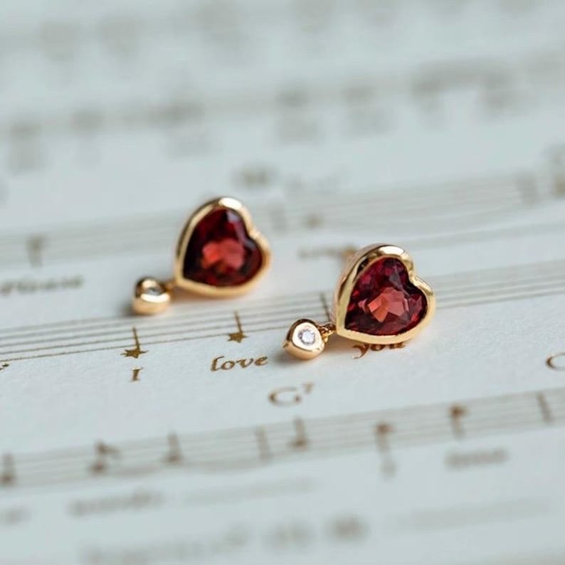 Heart Garnet Stud Earrings, Natural Red Garnet Earrings, Red Heart Stud Earrings, Dainty Garnet Heart Studs, Love Gifts for Girlfriend image 1