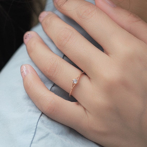 Simple Engagement Ring, Tiny Diamond Promise Ring, Minimalist Wedding Band,  Solitaire Wedding Ring, Vintage Engagement Ring, Gifts for Her