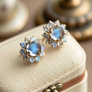 18K Gold Moonstone Earrings, June Birthstone Earrings, Rainbow Moonstone Stud Earrings, Earrings for Women, Moonstone Flower Earrings, Gifts