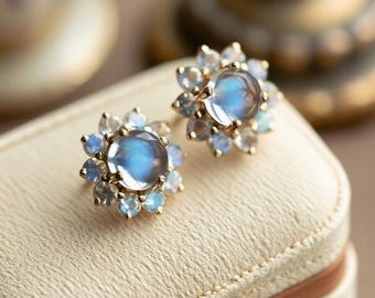 18K Gold Moonstone Earrings, June Birthstone Earrings, Rainbow Moonstone Stud Earrings, Earrings for Women, Moonstone Flower Earrings, Gifts