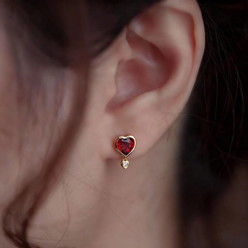 Heart Garnet Stud Earrings, Natural Red Garnet Earrings, Red Heart Stud Earrings, Dainty Garnet Heart Studs, Love Gifts for Girlfriend image 11