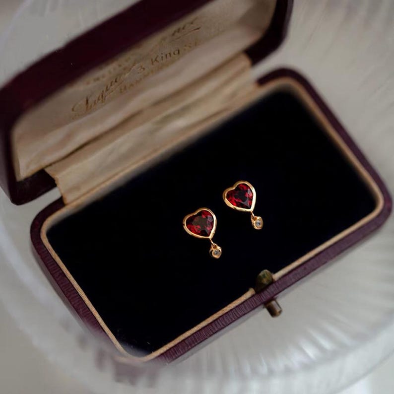 Heart Garnet Stud Earrings, Natural Red Garnet Earrings, Red Heart Stud Earrings, Dainty Garnet Heart Studs, Love Gifts for Girlfriend image 4