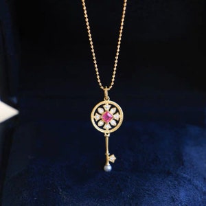 Ruby Key Necklace for Women, Vintage Inspired Key Pendant Necklace, Round Key Charm Necklace, Diamond Key Pendant Necklace, Key Jewelry