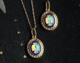 Regalos de Navidad, Collar de ópalo vintage para Navidad, Collar de ópalo dorado, Collar con colgante de ópalo art déco, Collar de ópalo de fuego para mujer