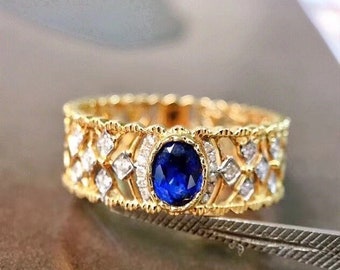 Vintage Sapphire Wedding Ring, Filigreed Sapphire Wedding Band, Filigreed Wide Band Ring, Oval Sapphire Engagement Ring, Anniversary Ring