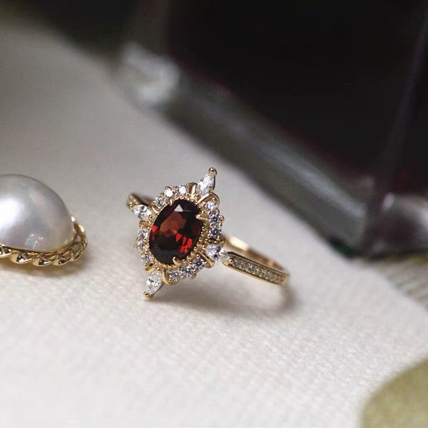 Art Deco Garnet Ring, Vintage Garnet Engagement Ring, Natural Garnet Ring Gold, Delicate Garnet Promise Ring, Red Birthstone Ring, Gifts