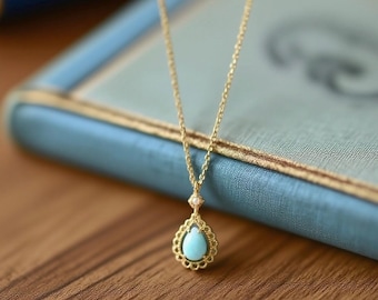 Sierlijke blauwe larimar-ketting, traan larimar-hanger, sierlijke bruiloft ketting, bruids ketting, bruiloft sieraden set, verjaardagscadeaus