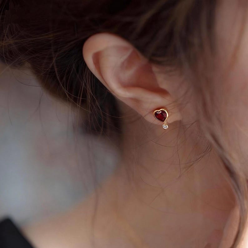 Heart Garnet Stud Earrings, Natural Red Garnet Earrings, Red Heart Stud Earrings, Dainty Garnet Heart Studs, Love Gifts for Girlfriend image 9