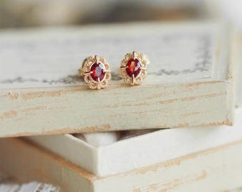 Natural Garnet Earrings and Necklace, January Birthstone Garnet Earrings, Mini Garnet Stud Earrings, Dainty Bridesmaid Earrings, Gifts