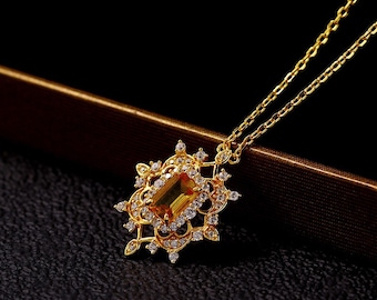 Vintage Citrine Necklace, Natural Citrine Pendant Necklace, Yellow Citrine Necklace Gold, Vintage Lace Citrine Pendant, Christmas Gifts